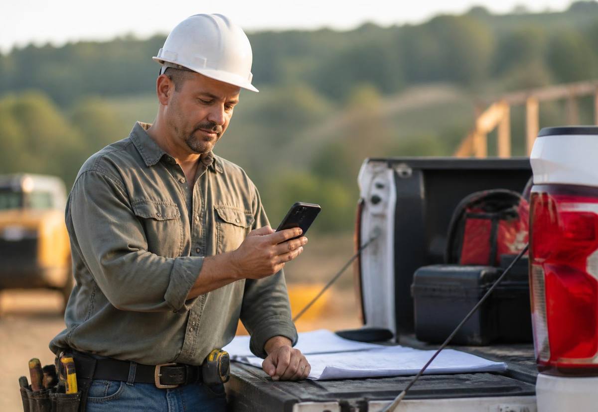 Contractor at his truck tailgate sending credentials from his phone