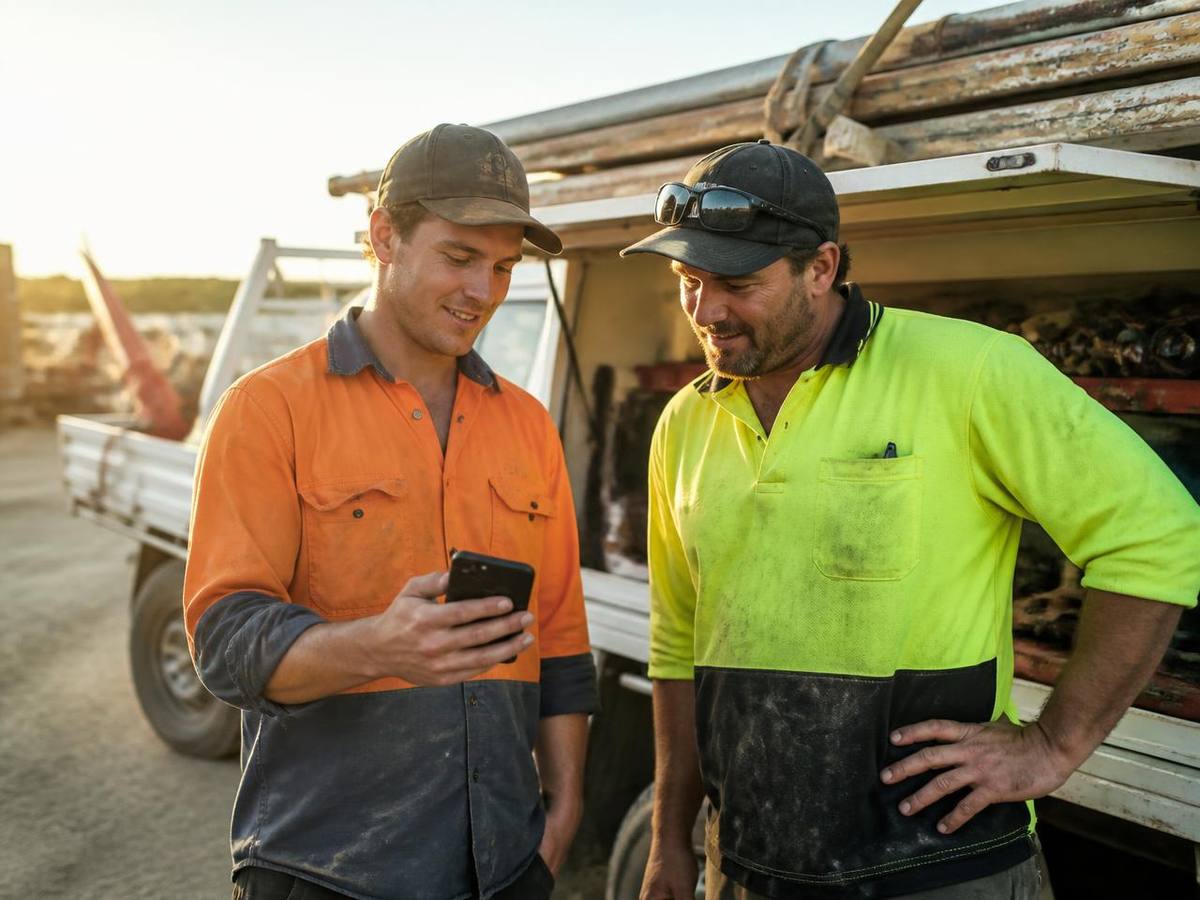 Two contractors reviewing a phone on a job site next to a work truck
