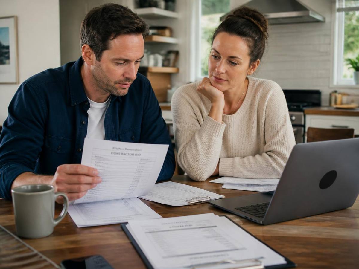 Homeowners at a kitchen table comparing two contractor bids
