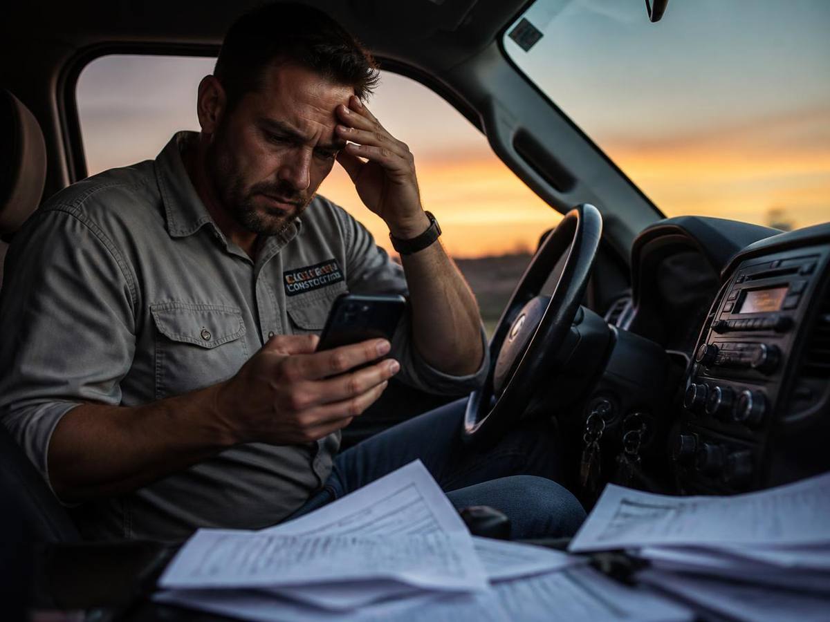 Contractor in a truck cab drafting an email to his insurance agent