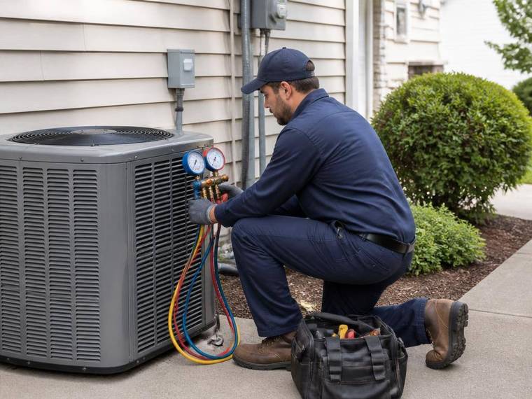 HVAC technician servicing an outdoor condenser unit
