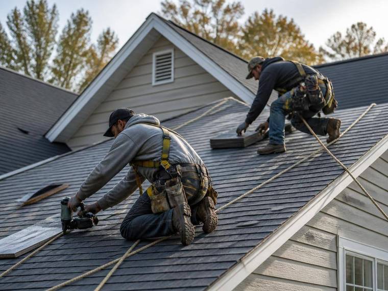 Roofing crew installing shingles on a residential roof