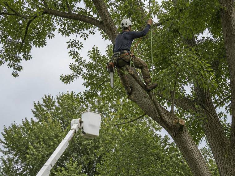 Arborist working high in a tree with climbing gear